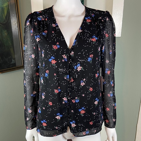 1. State Tops - NWT New 1. State Black Blouse Floral sheer button down top shirt XS XSmall